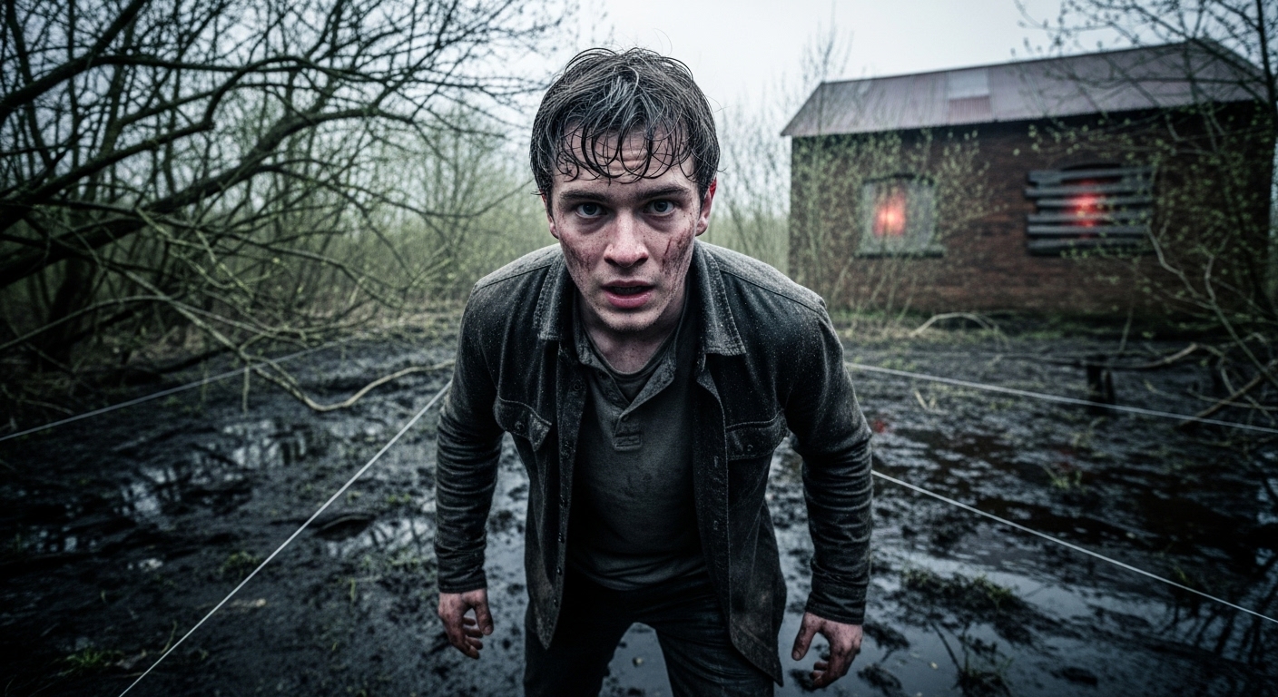 A young man, covered in mud, stands in a desolate, wet marsh, his face etched with grim determination, a faint red glow emanating from a decaying building in the background.