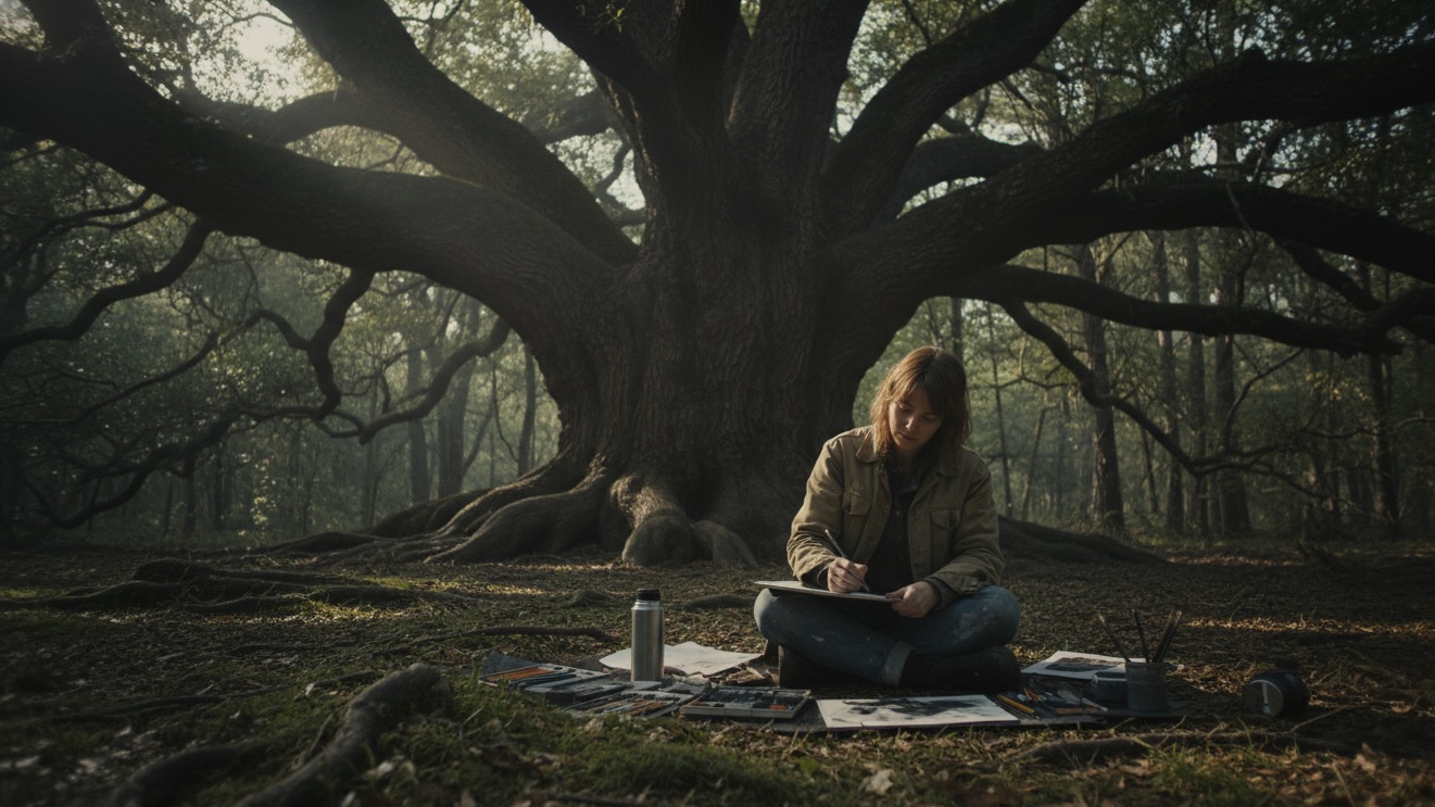 A painter sits on the forest floor, focused intently on sketching a massive, ancient tree that dominates the lush, green clearing, with soft light filtering through the canopy.