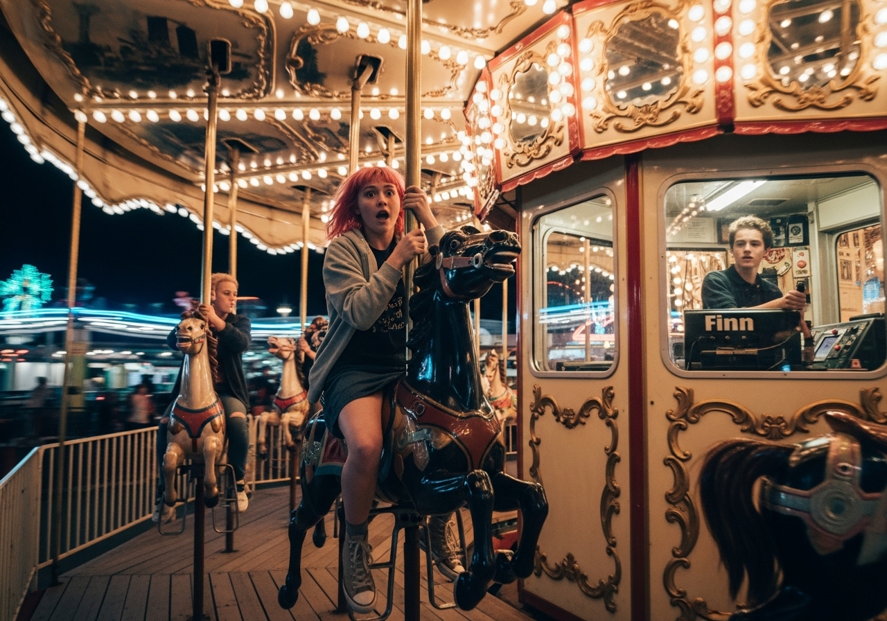 Four teenagers are trapped on a dangerously fast carousel at night, the lights of the amusement park blurring around them into chaotic streaks of colour.