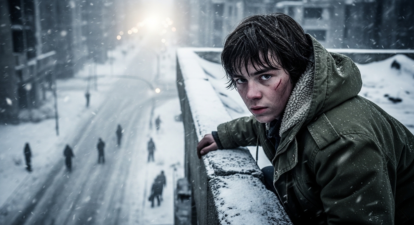 A teenage boy crouches on a snowy rooftop overlooking a zombie-filled, desolate winter city.