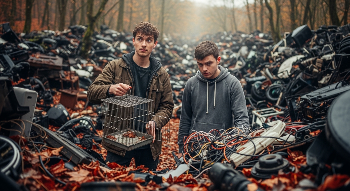 Two young men, Shaun and Gareth, stand in a vast, overgrown junkyard in an autumn forest, surrounded by rusting debris.