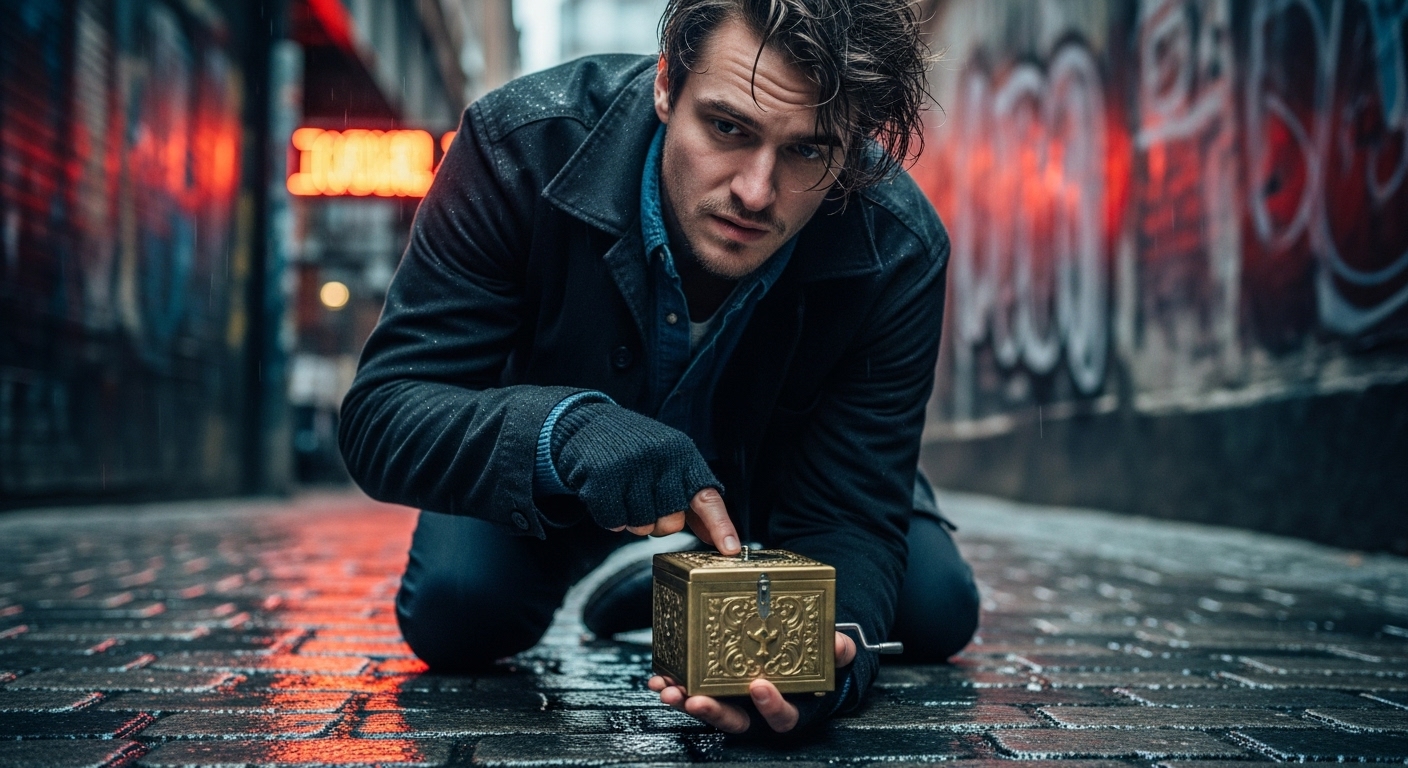 A young man, Sid, kneels in a dark, wet alley, examining a tarnished brass music box he's found.