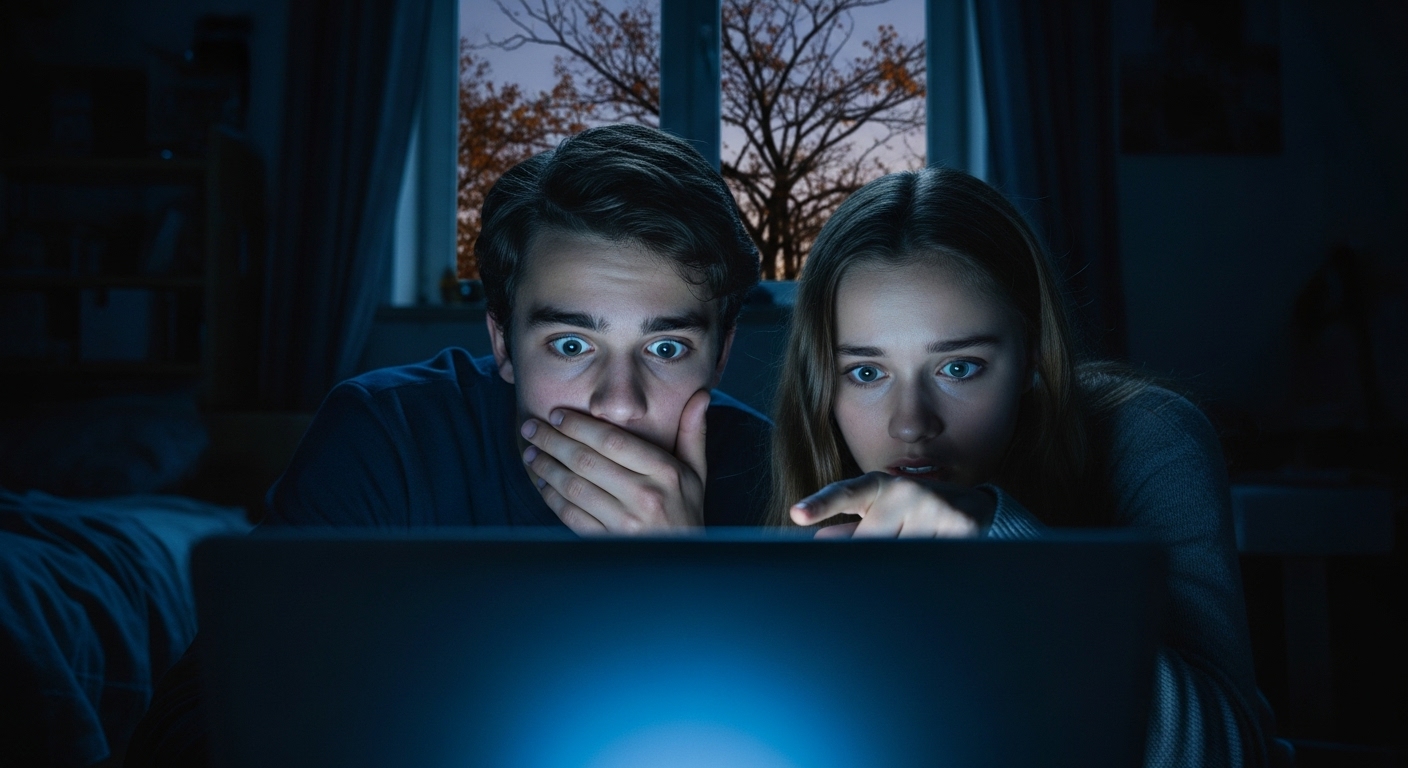 Two teenagers stare at a laptop screen in a dark room, their faces illuminated by its glow and filled with alarm.