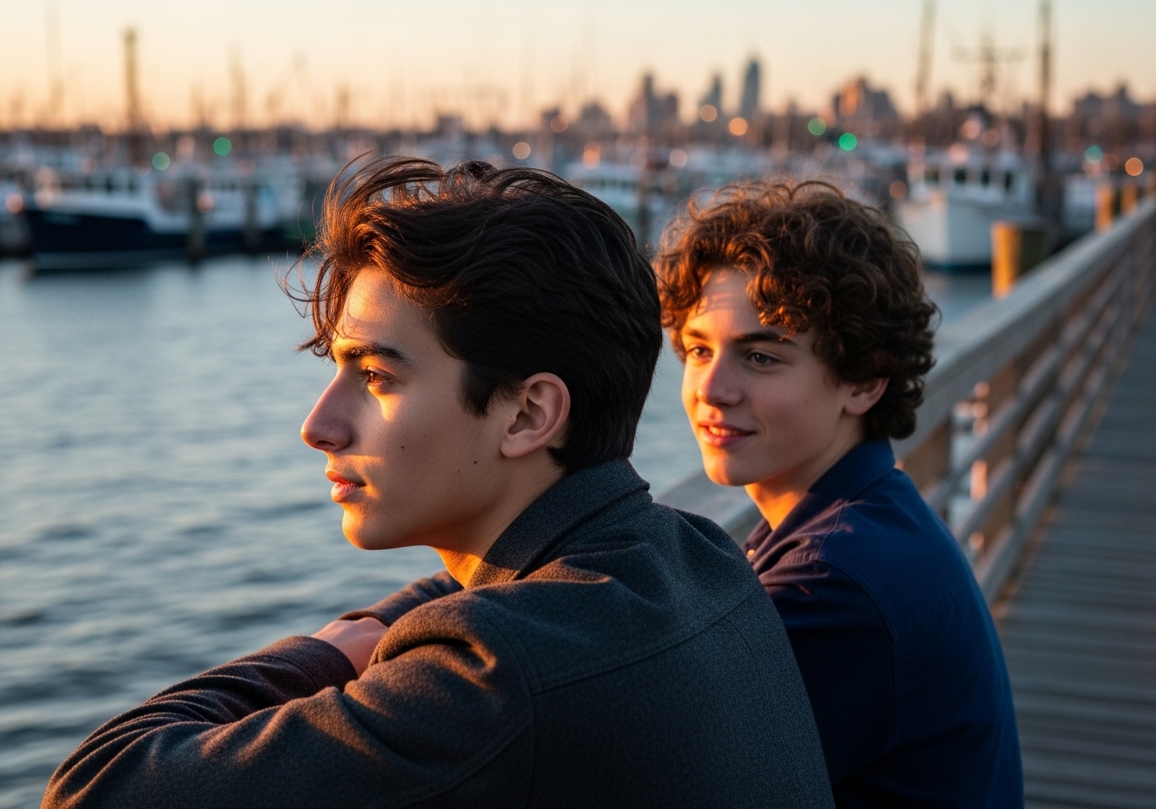 Two teenage boys on a pier at sunset, one looking at the water and the other smiling at him.
