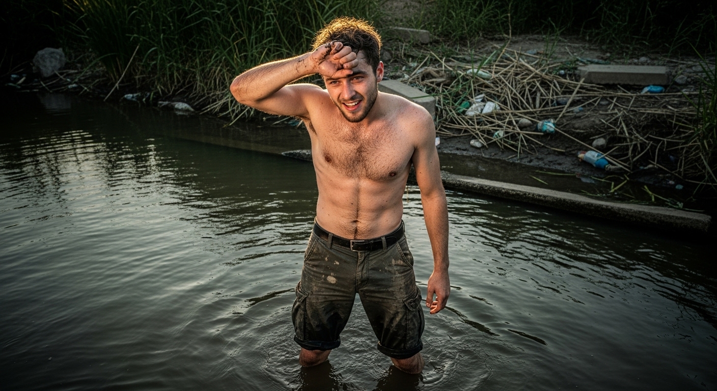 A young man, covered in mud, stands in a polluted river, looking exasperated and amused.