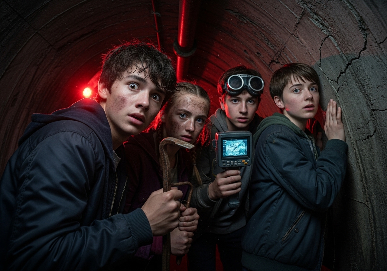 Four teenagers huddle in a dark, damp concrete tunnel, their faces showing fear and determination, lit by an ominous red glow.
