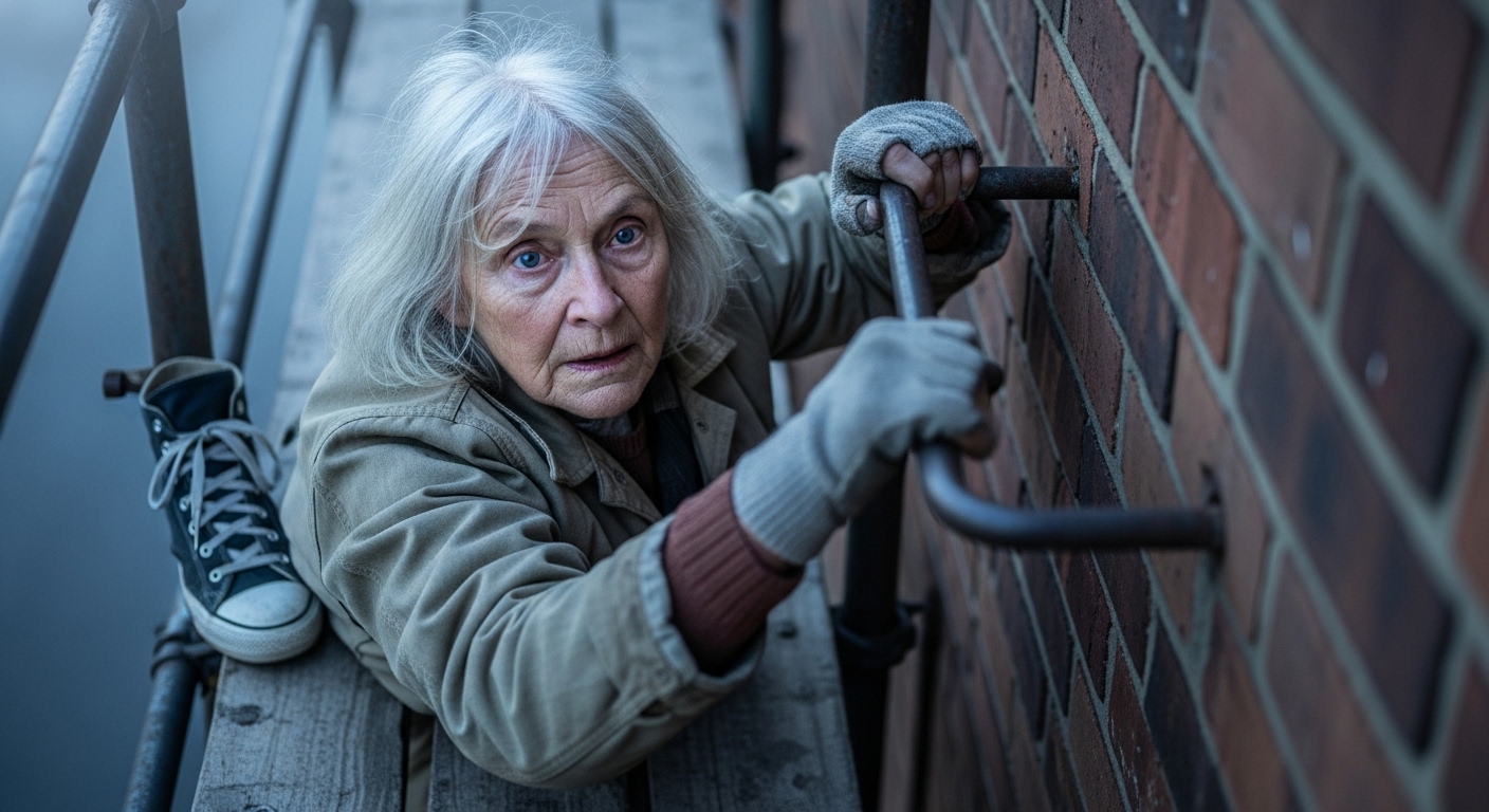 A seventy-year-old woman, Bea, climbs an industrial scaffold against a brick building at dawn, her face focused.