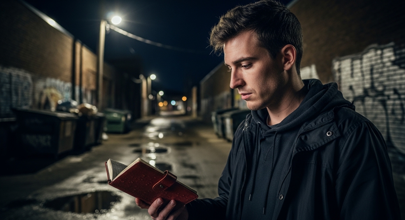 A young man in a dark hoodie stands in a gritty alleyway at night, staring intently at a worn, leather-bound notebook in his hand.
