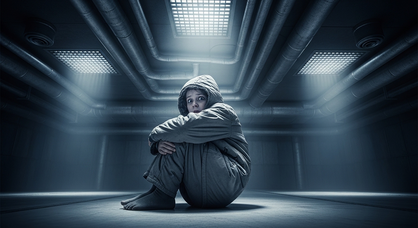 A terrified child huddled on a cold floor under a dystopian ventilation system.