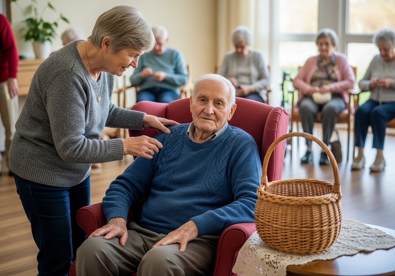 An elderly man in a crimson armchair looks at a knitting basket next to an elderly woman, both sharing a quiet, knowing moment.
