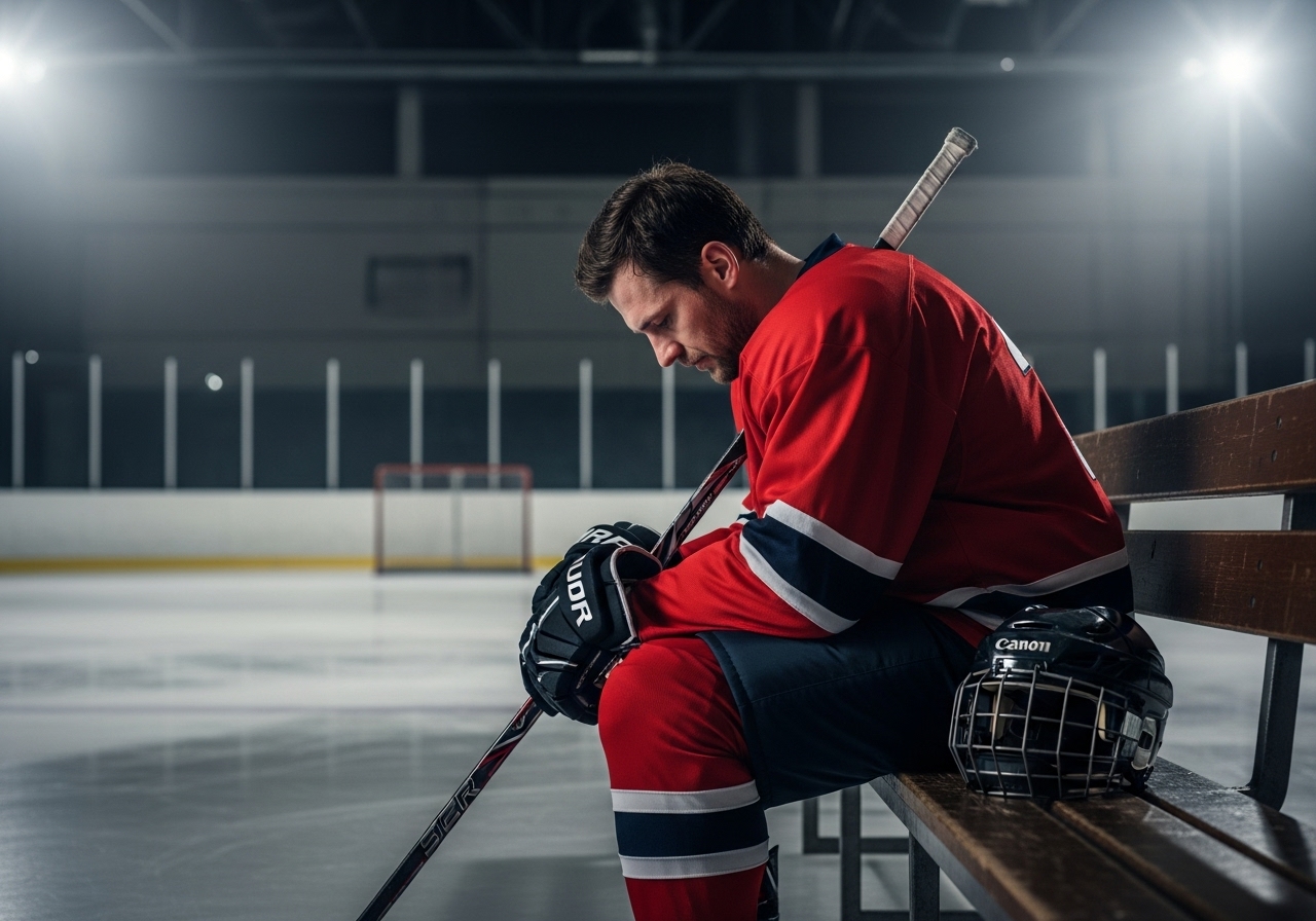 A dejected hockey player sits alone on a bench in an empty arena.