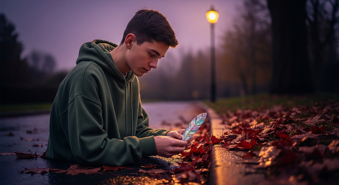 Teenage boy intently looking at a shimmering, iridescent feather-like object among wet autumn leaves on a street pavement.