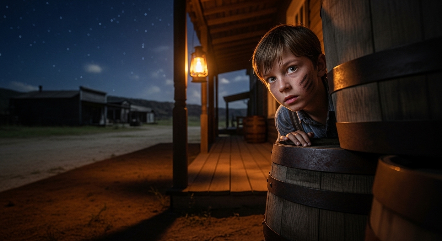 A young boy, Isaiah, peeking from behind barrels at night in a frontier town.