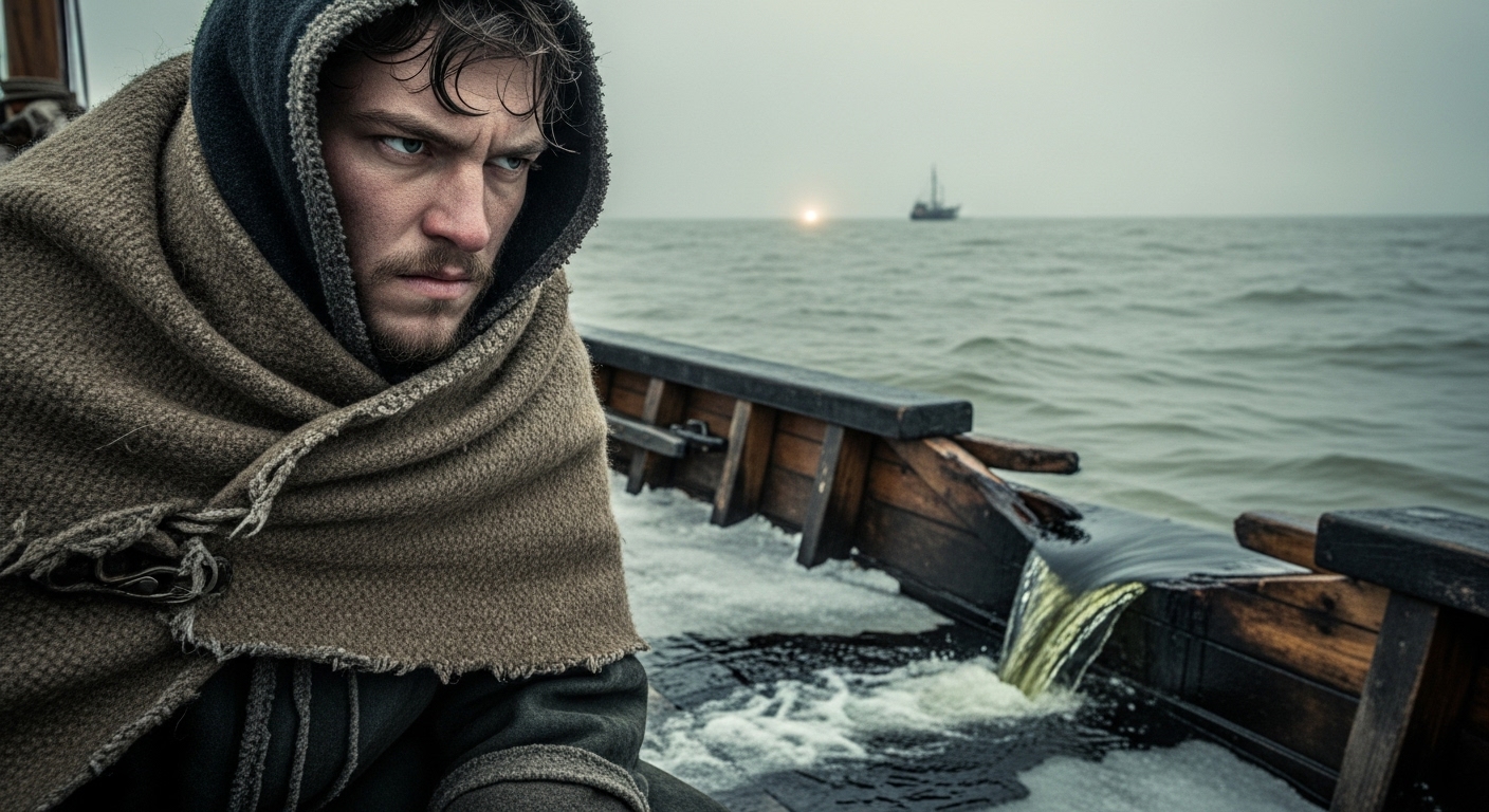 A young man on a damaged ship deck watches water leak from a splintered hull, a distant light visible on the horizon.