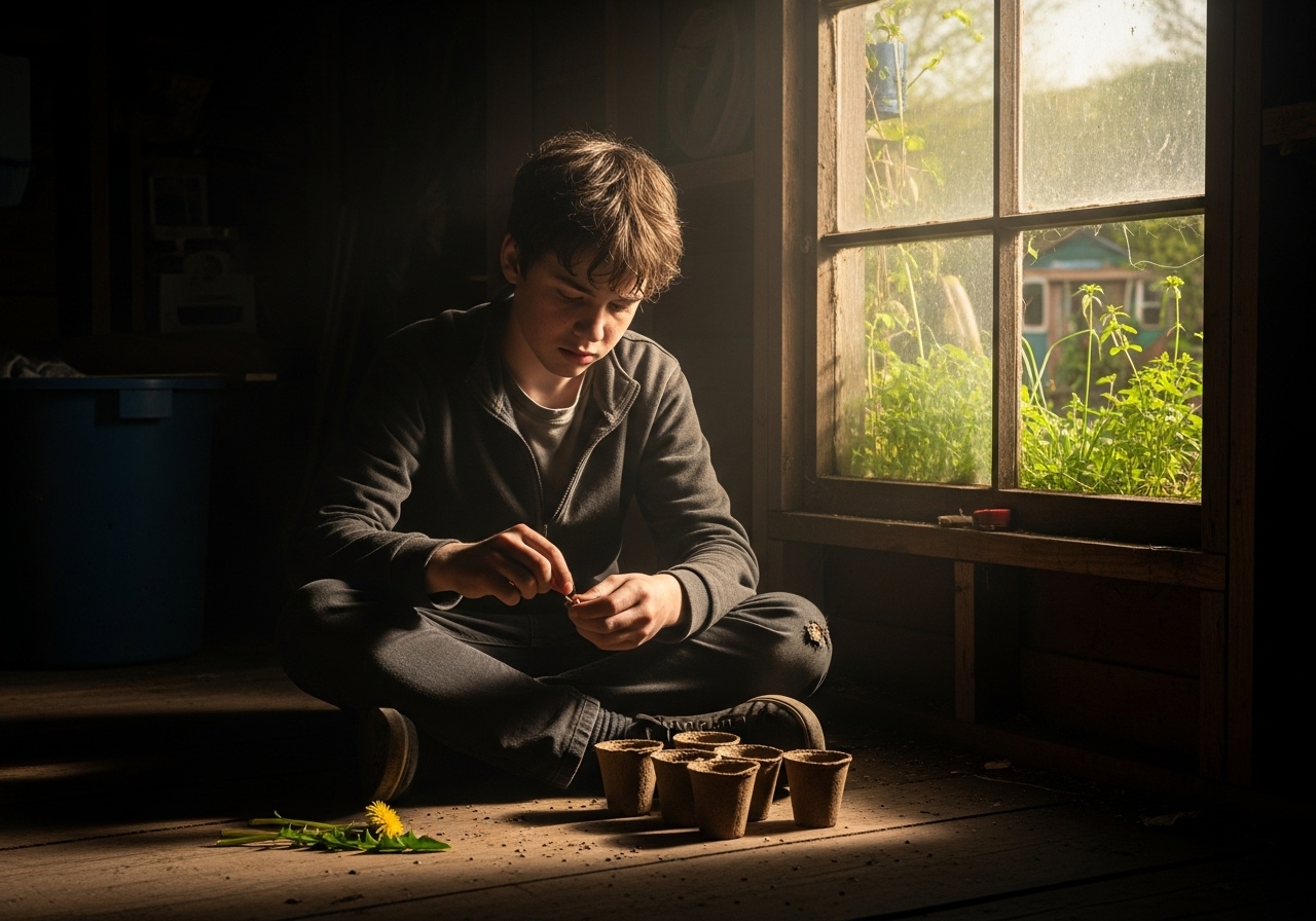 A cynical teenage boy sorting seeds into peat pots in a rustic shed, bathed in golden light.