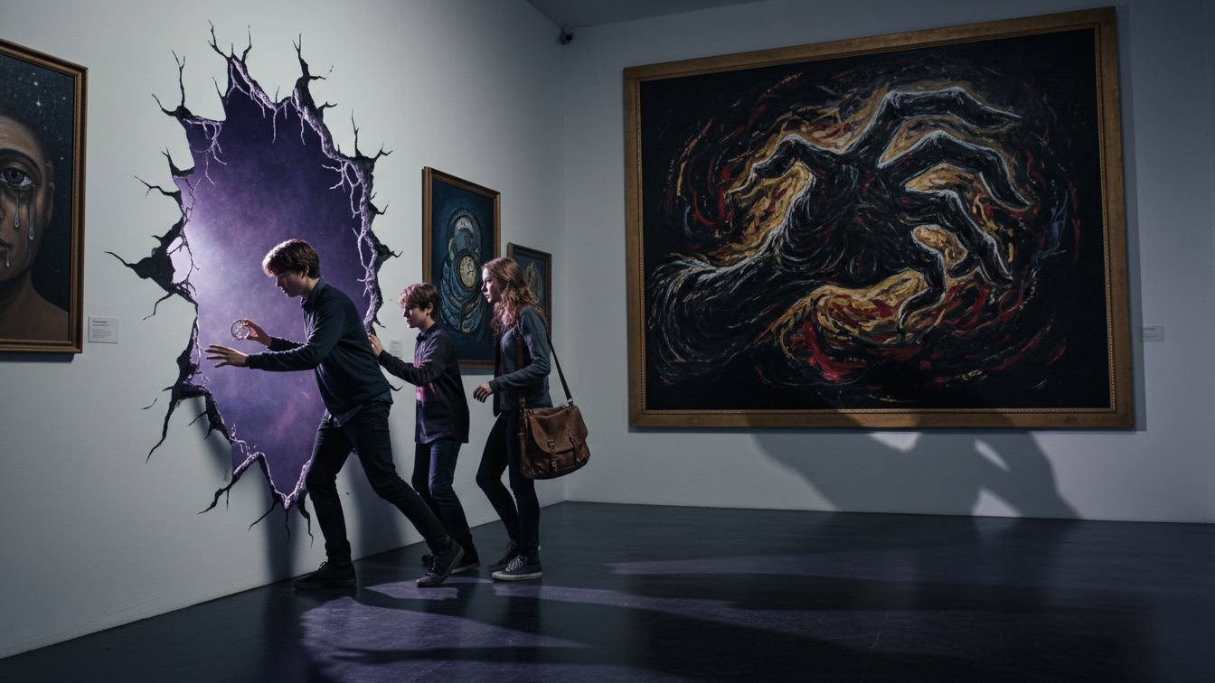 Four figures, three teenagers and an older professor, stepping into a dark, shimmering void that has opened in a blank white wall. Behind them, a giant, painted hand from a canvas reaches, its shadow stretching. The corridor is lined with other distorted paintings.