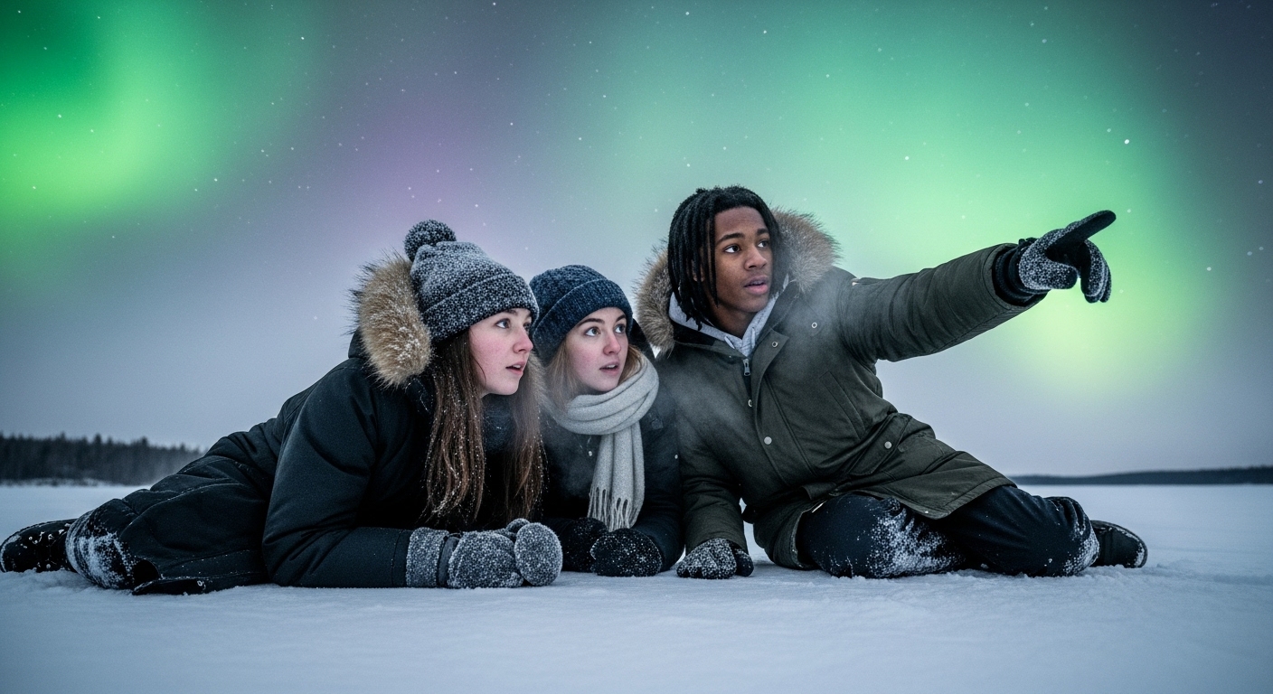 Three teenagers on a frozen, snow-covered lake under a sky glowing with unnatural green and violet light.