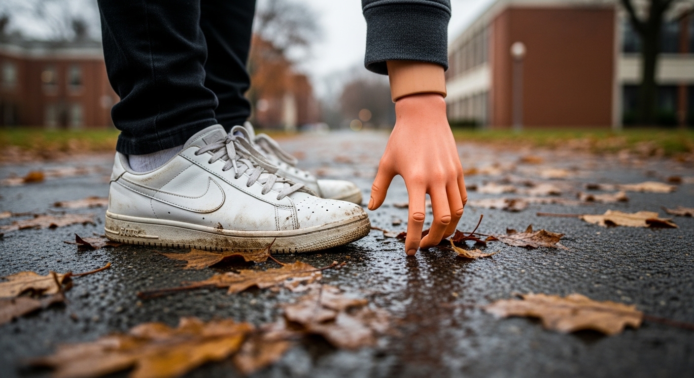 A close-up photograph of a muddy sneaker next to a mannequin's hand on a wet path.