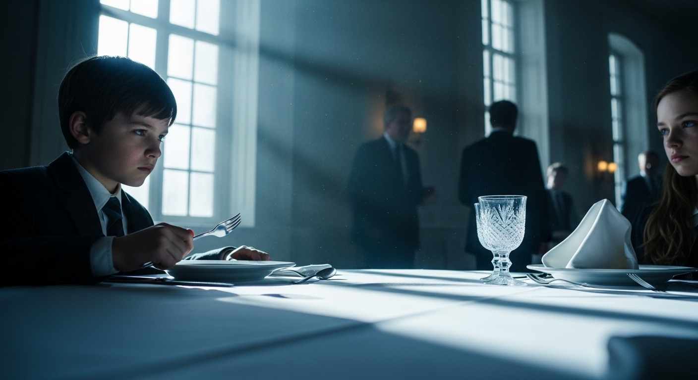 A young boy in a suit looks tense at a formal lunch table while a girl watches him from across the silverware.