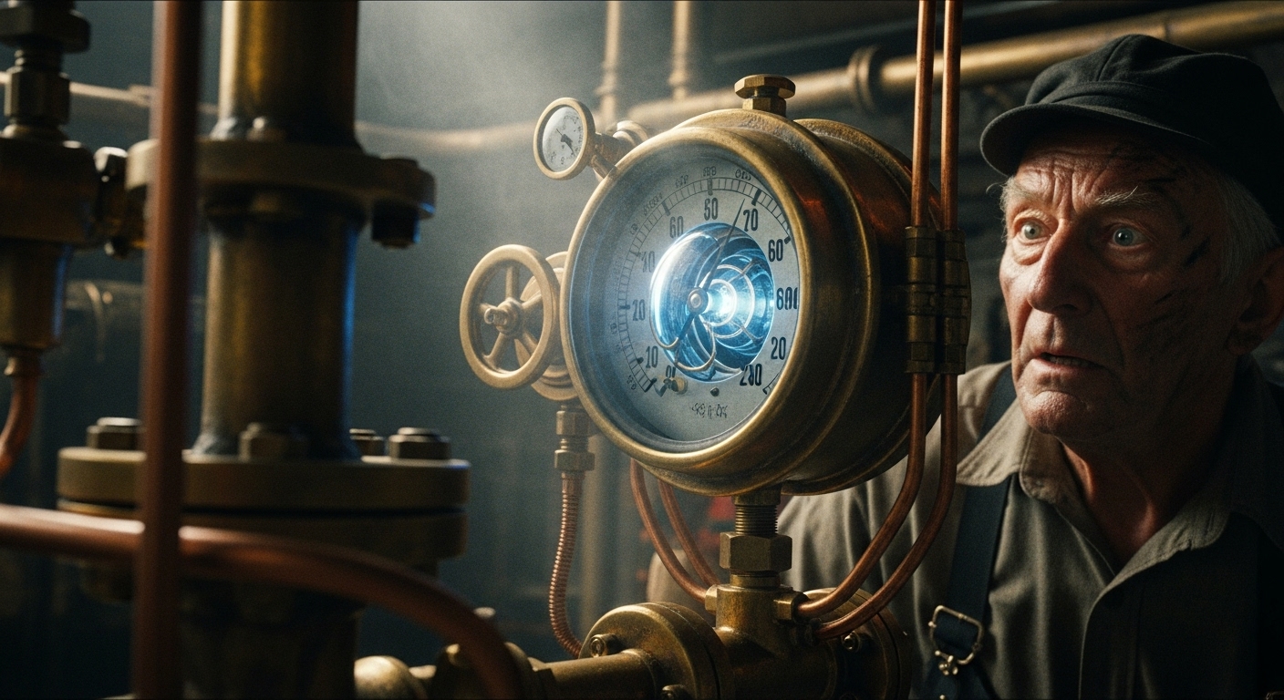 An elderly engineer stares in shock at a glowing brass gauge in a sunlit, dusty engine room.