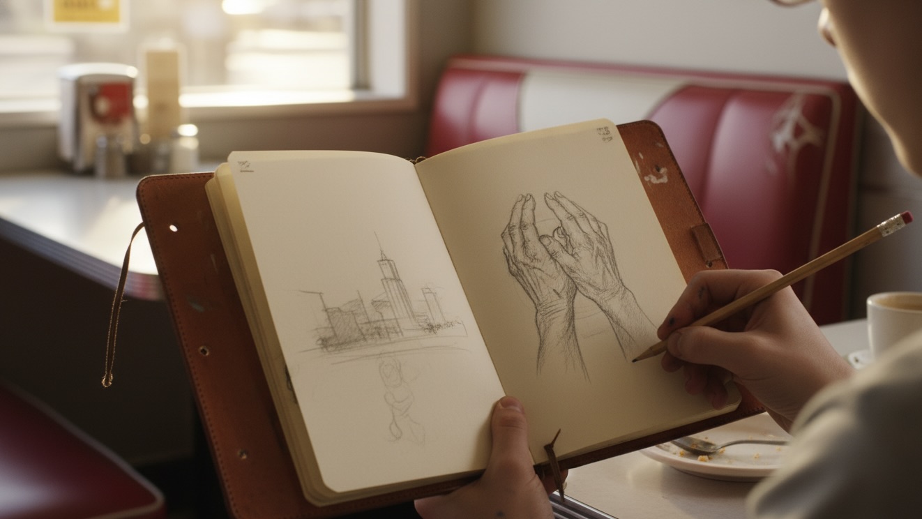 Teenager's hands sketching a woman's working hands in a worn sketchbook inside a retro diner.