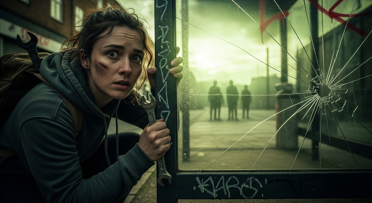 A young woman, Rory, intensely observes strange figures from behind a bus shelter under an eerie sky.