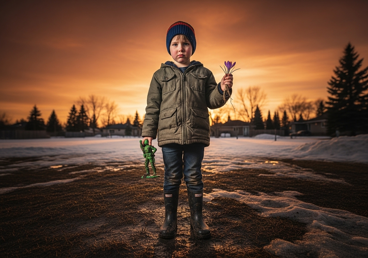 A child stands in a muddy yard holding a toy soldier and a crocus under a vivid orange sky.