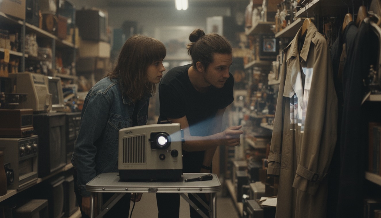 A young man and woman in a thrift store looking at a slide projection on a coat.