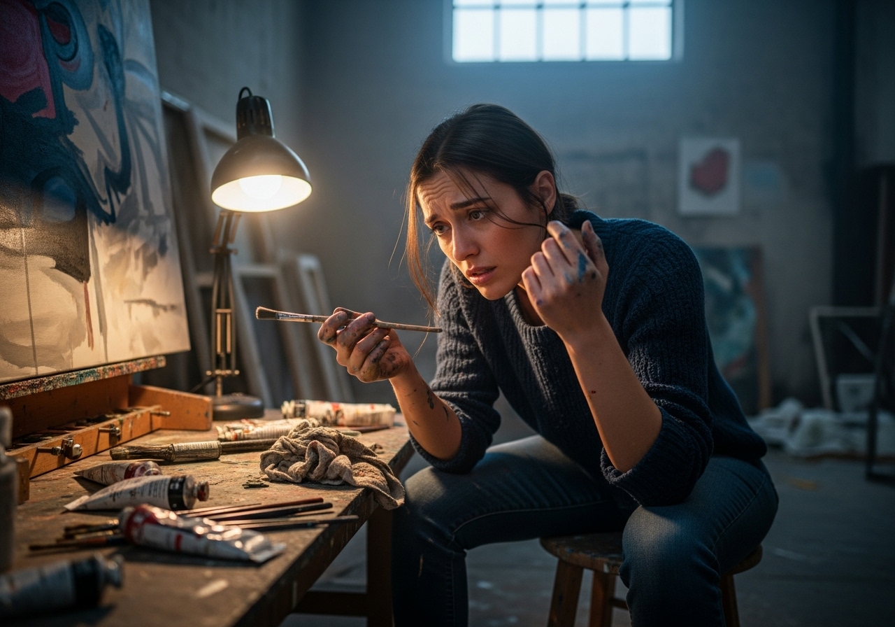 A young artist, Josey, exhausted and pensive, sits in her cluttered studio, staring at a canvas.
