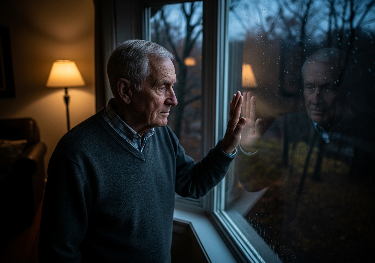 A senior man looking out a rain-streaked window into a dark, autumn forest at twilight.