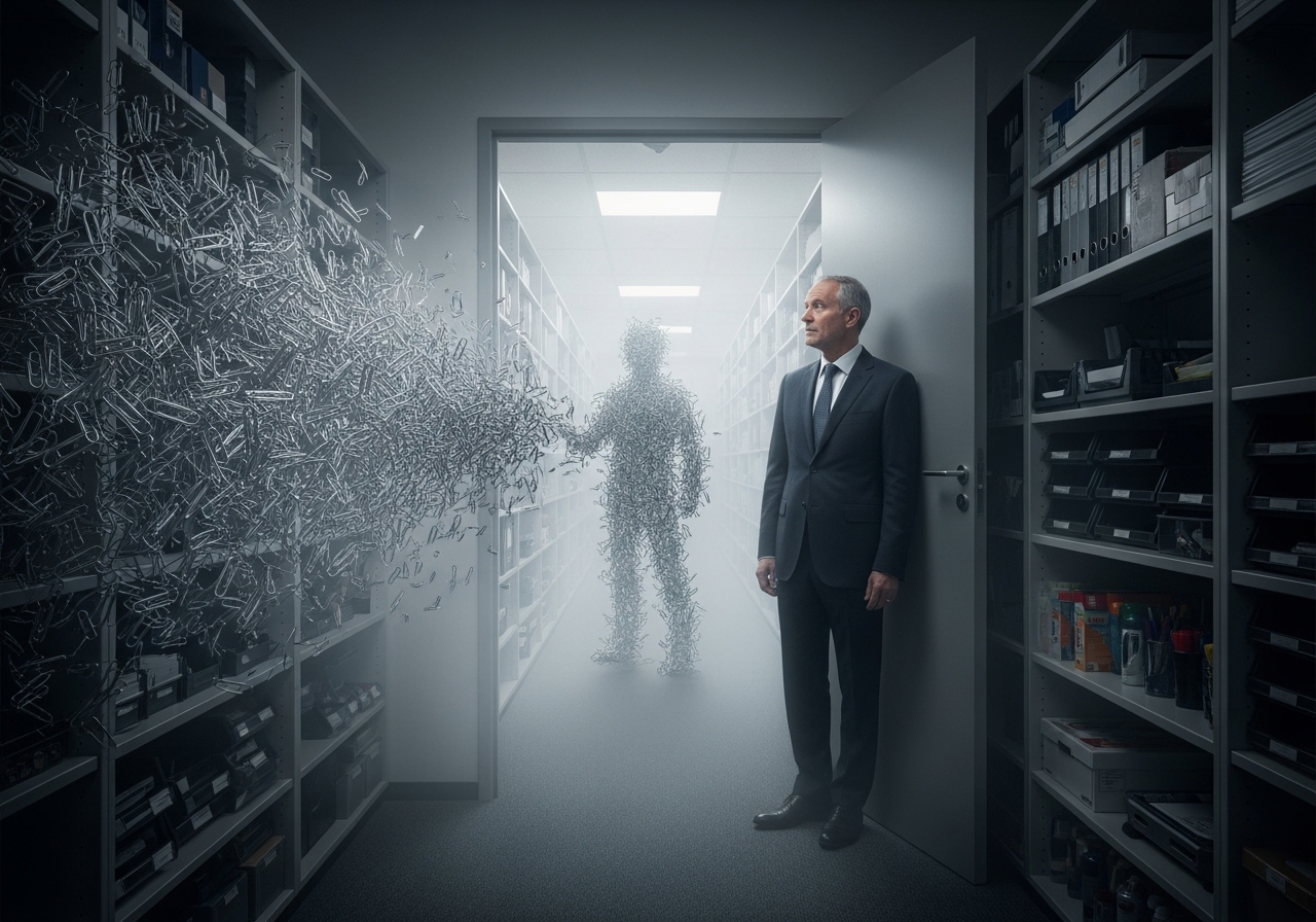 A man in a suit stares into an office supply cupboard that has opened into an infinite, misty dimension.