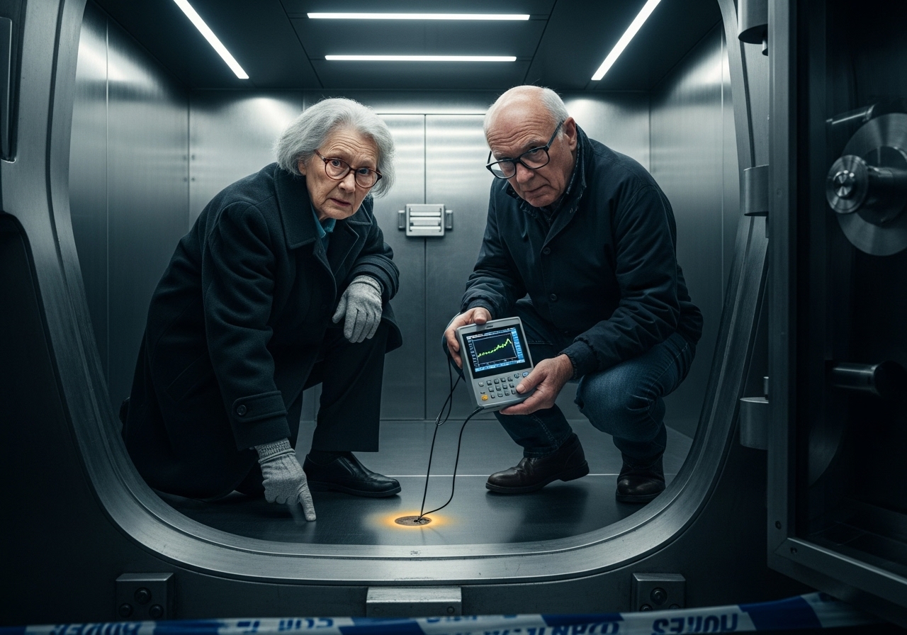 Anette, an elderly detective, and Bernard, an elderly forensic tech, examining a mysterious circular scorch mark inside a sterile bank vault in Winnipeg.