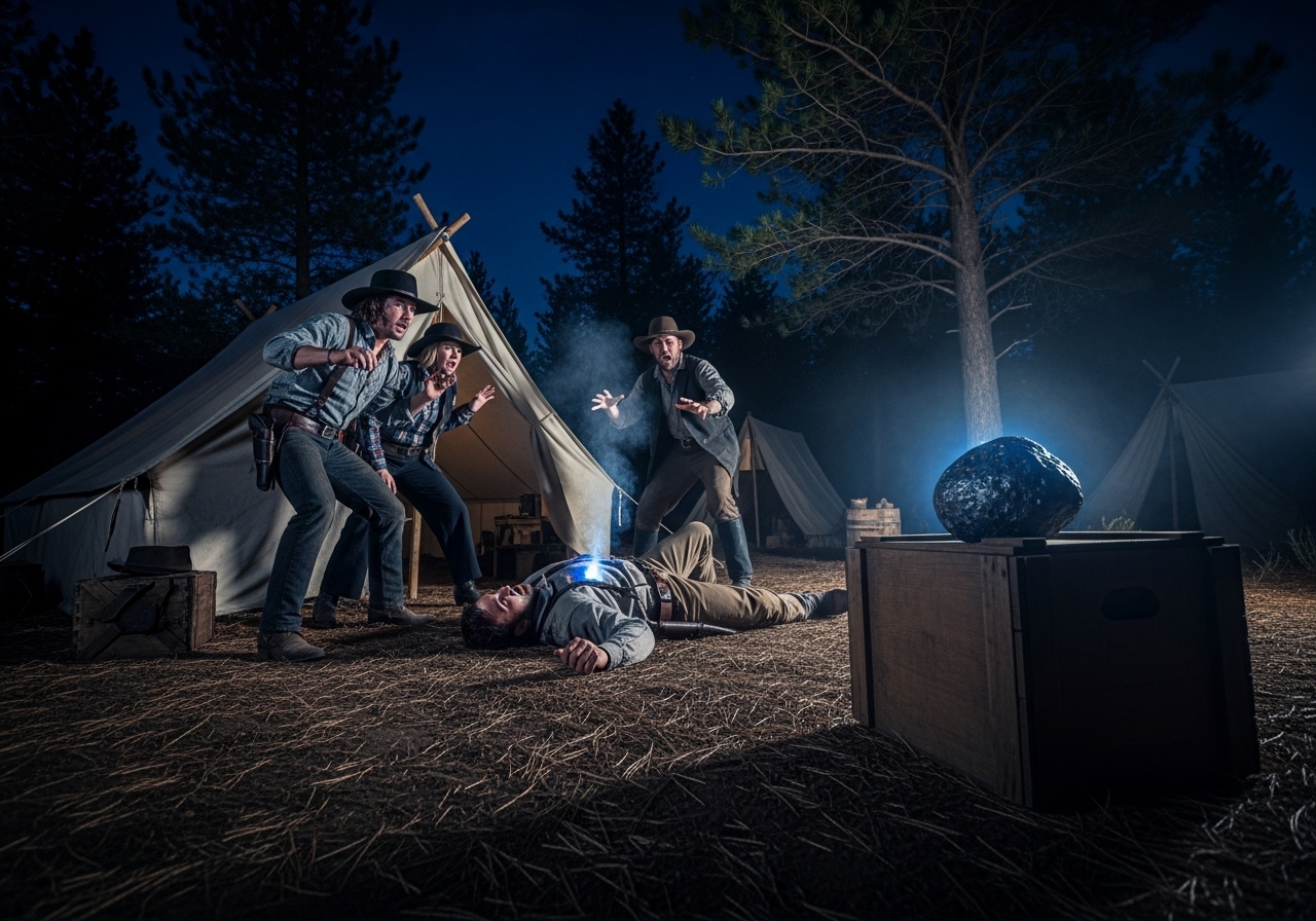 Two prospectors stare in horror at a fallen comrade next to a glowing meteorite in a nighttime forest camp.