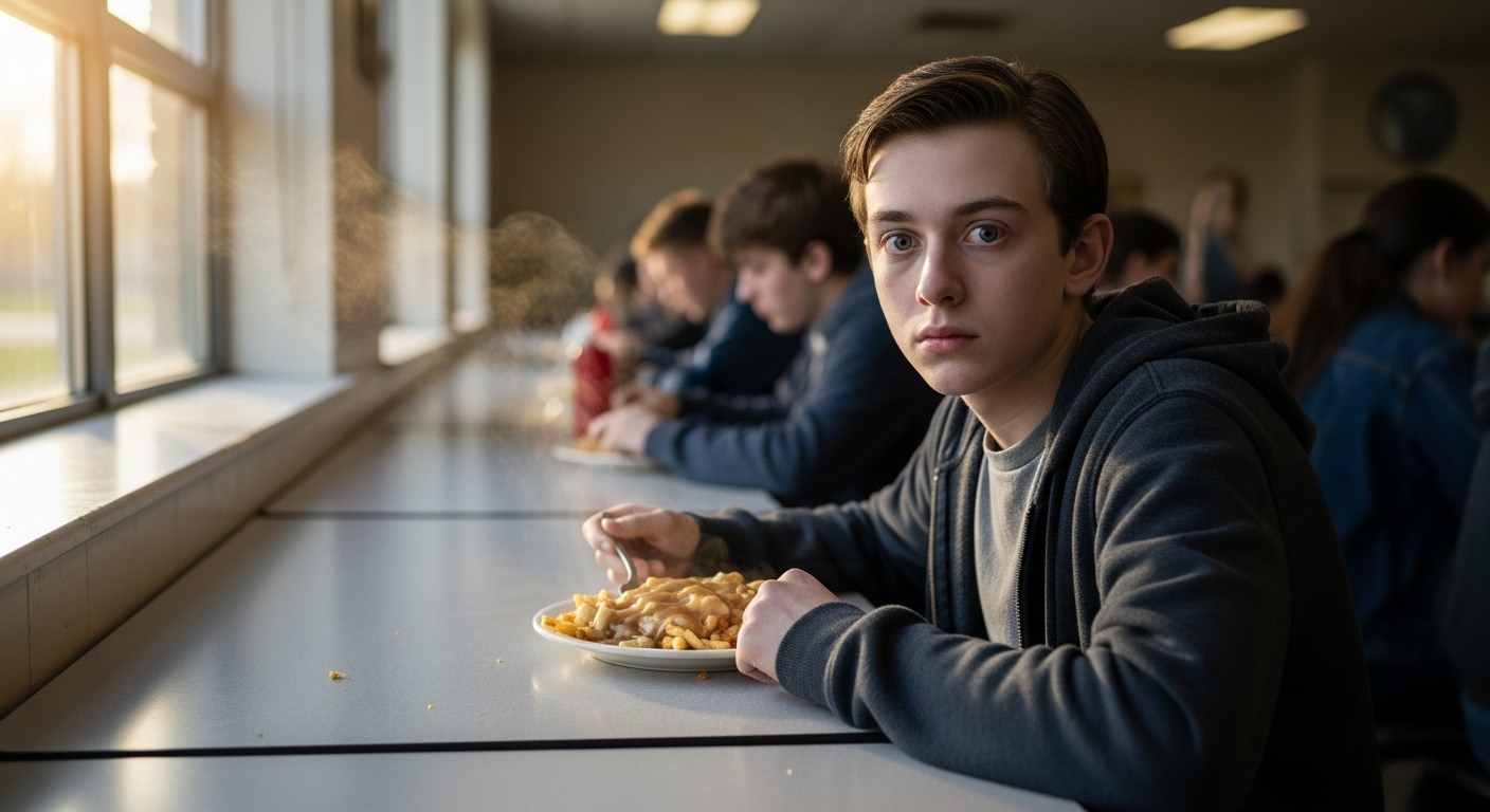 A pale teenage boy looking disturbed at a cafeteria table with poutine.