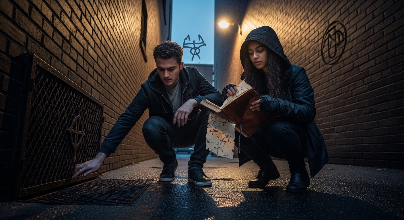 Two young adults examine a mysterious sketchbook in a dark, wet urban alley.
