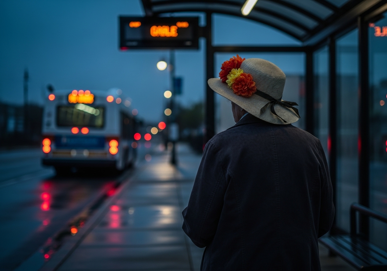 An elderly woman with a floral hat watches a bus depart into the dusk, standing alone at a bus stop.