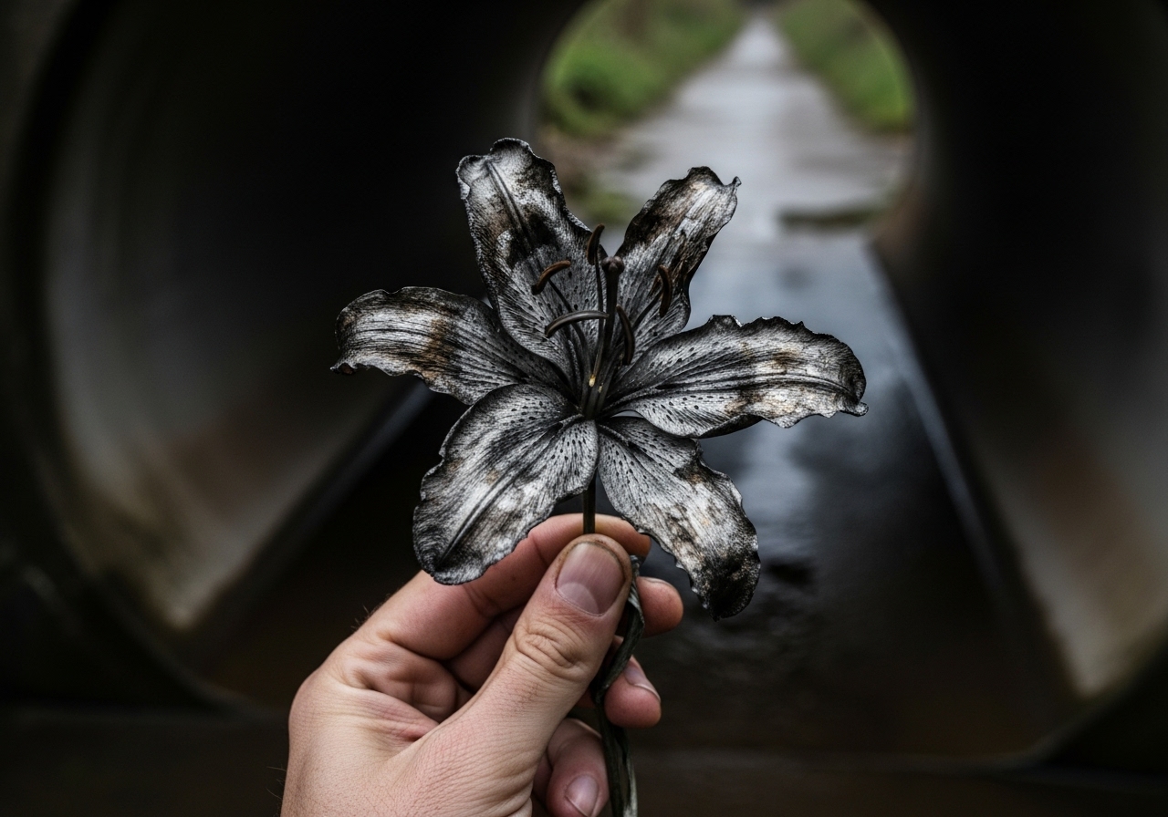 A close-up photo of a hand holding a strange, metallic black flower in a dark, concrete tunnel.