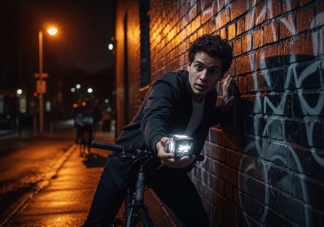 A young bike courier is trapped in a dark alley, holding a small device that glows with a prediction of the future.