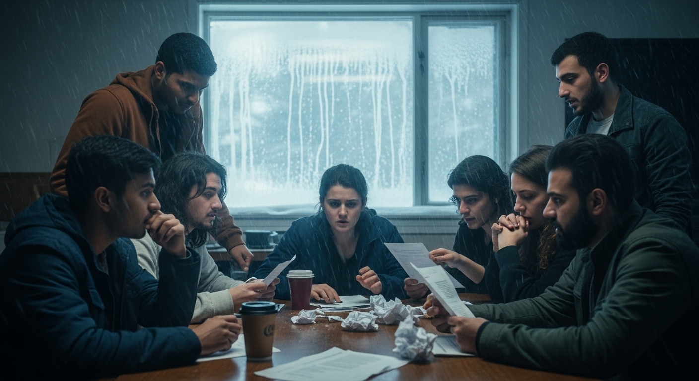 Young adults in a community centre discussing plans, winter snow outside.