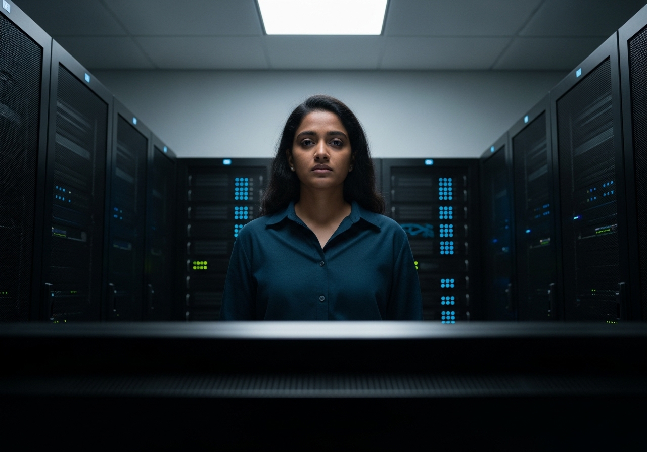 A young woman stands defiantly in a dark server room, illuminated only by the glow of a computer screen.