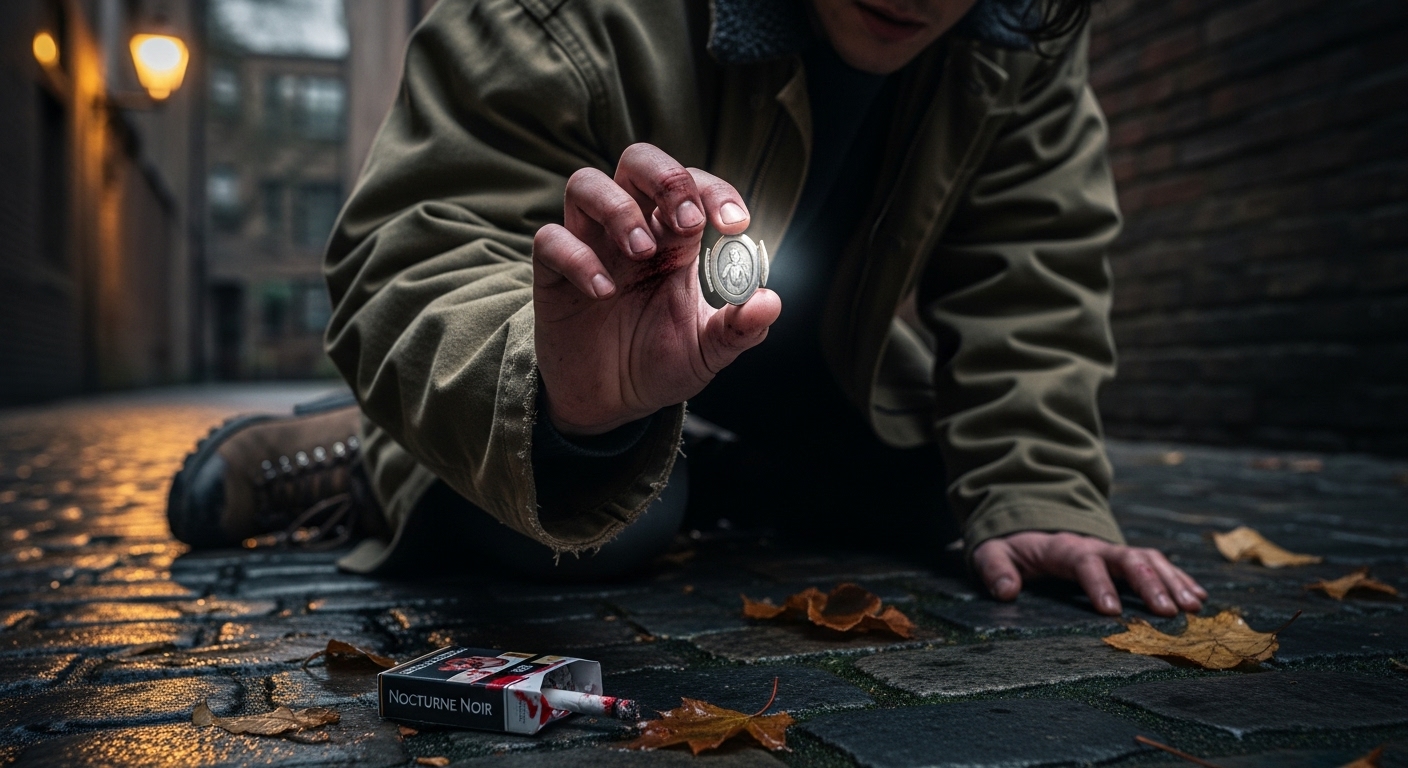 A young man kneeling in a dark, wet alley, holding a tarnished silver locket, next to a blood-stained cigarette packet.