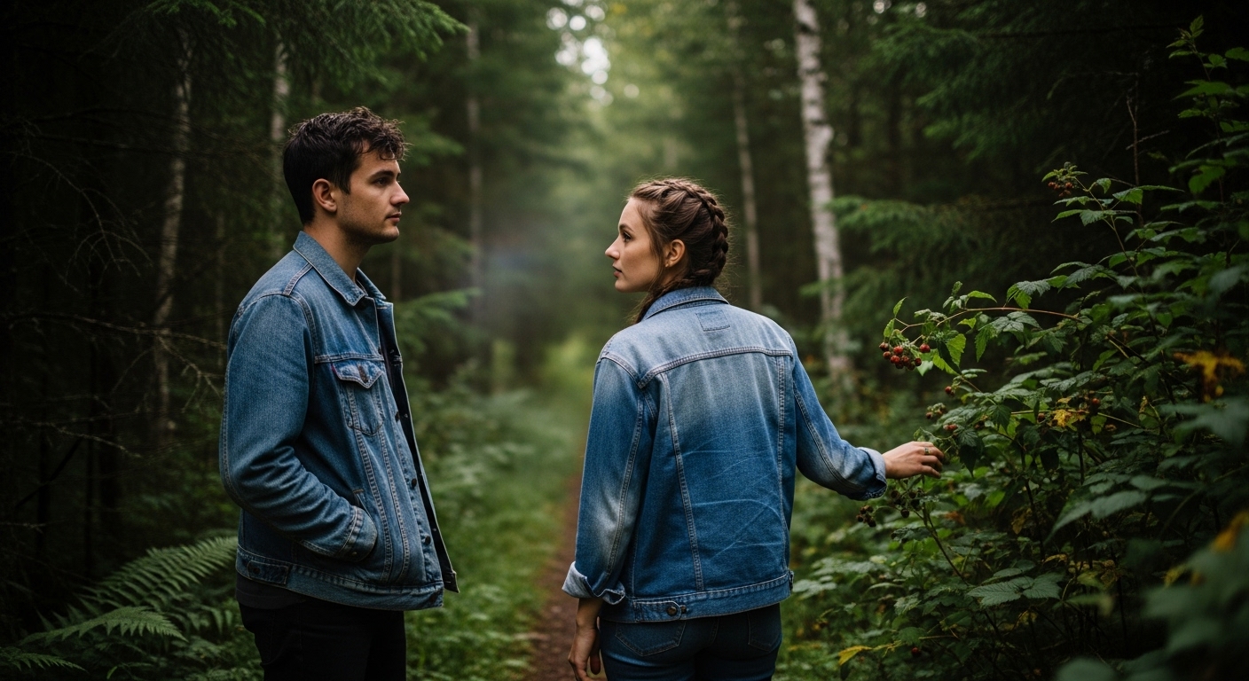 Two young adults walk a forest trail, light filtering through trees, a subtle shimmer behind them.