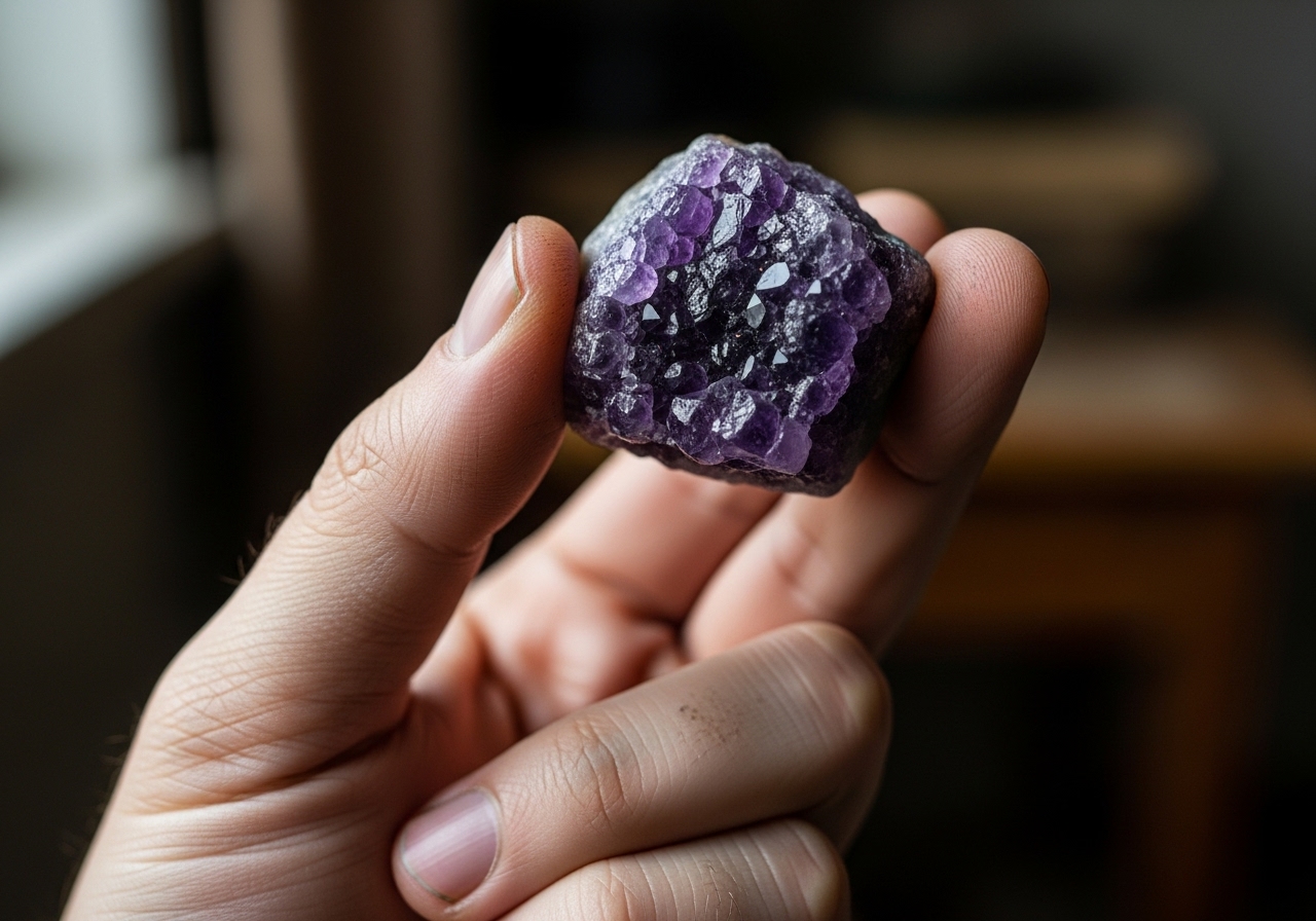 Close-up of a young man's hand holding a deep purple amethyst stone.