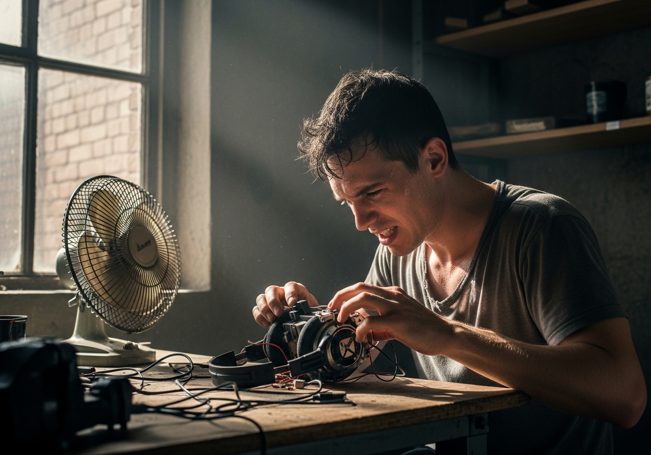 A young man intensely working on a homemade electronic headset in a hot, cluttered room, with sunlight streaming through a dirty window.
