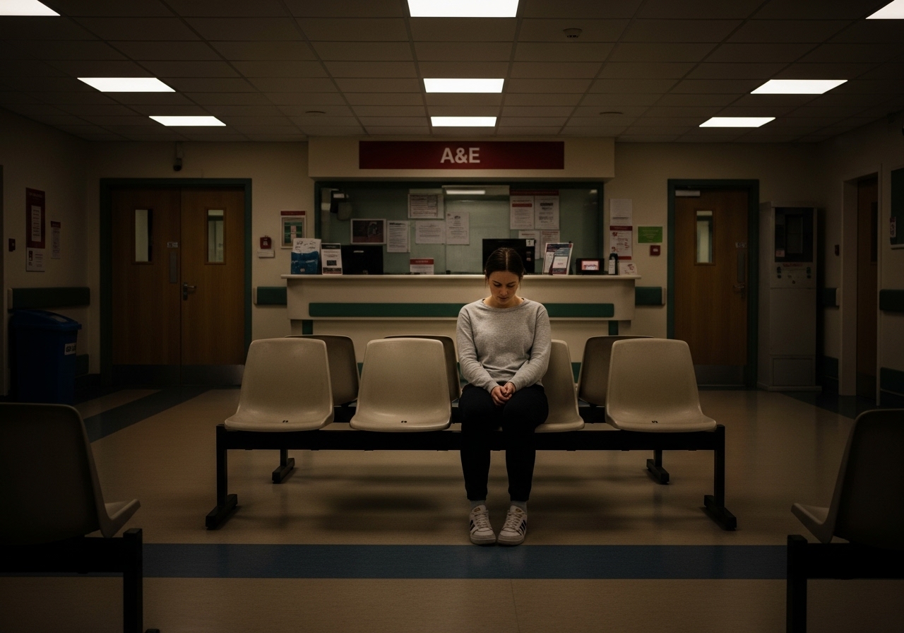 A lone woman sits slumped in a chair in a stark hospital waiting room.