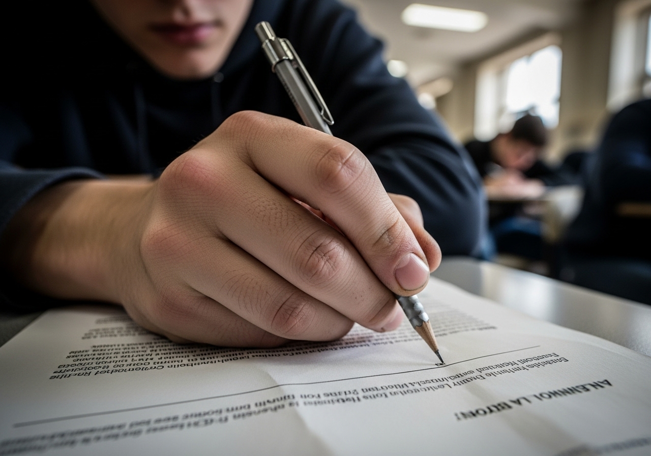 A young man's hand grips a pencil over a blank exam paper during an exam.