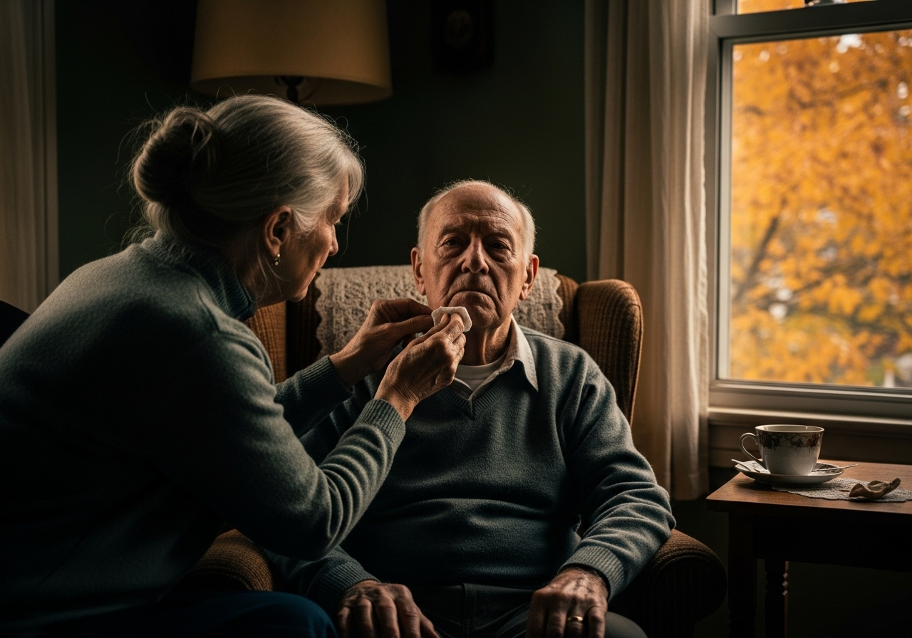 An elderly woman gently dabbing her husband's chin with a napkin in a sunlit living room, autumn leaves outside.