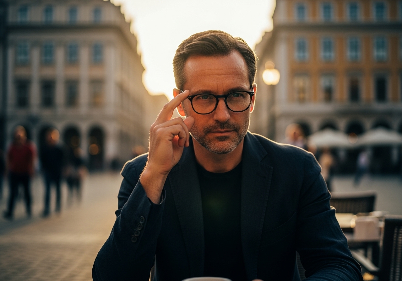 A man in a suit, mid-40s, intently observing a European city square from a cafe.