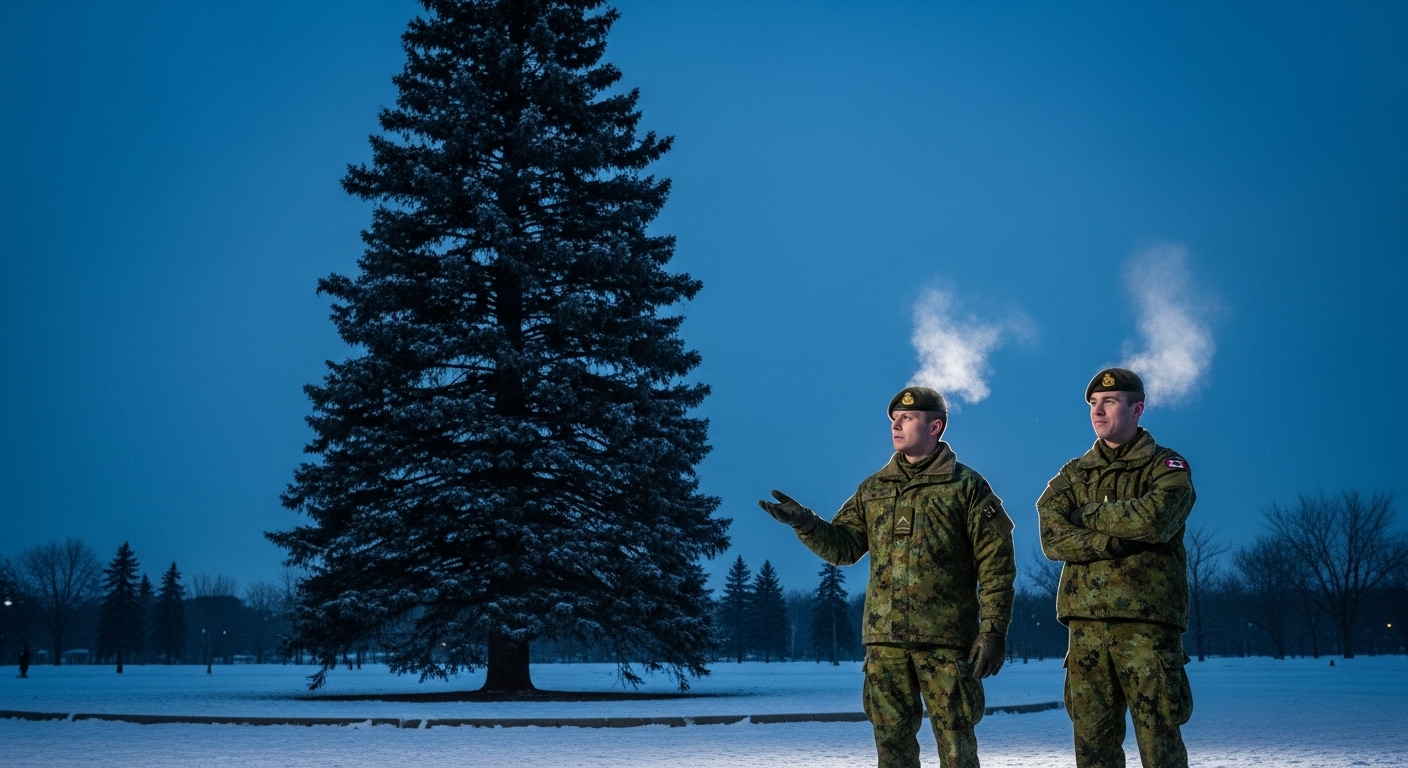 Two adult soldiers, a Captain and a Sergeant, stand by a large unlit evergreen tree on a snowy military parade square at winter twilight.