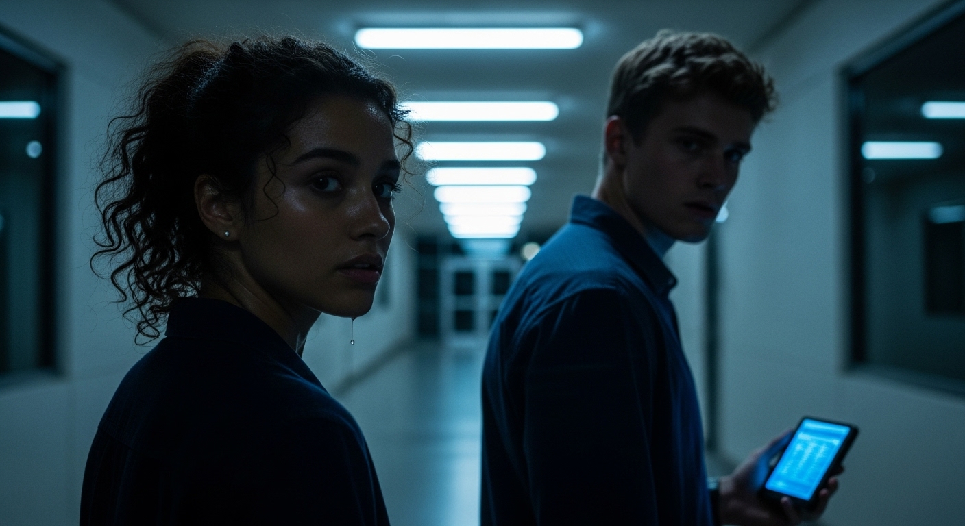 Two young adults, Maggie and Steven, meet furtively in a sterile, neon-lit corridor.